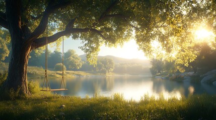 Obraz premium A serene countryside view with a rope swing dangling from an ancient tree, surrounded by tall grass, overlooking a calm river and gentle rolling hills, sunlight streaming through the branches,