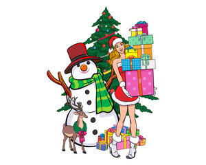 merry christmas santa and snowman elf with Christmas girl in red dress in pop art comic style