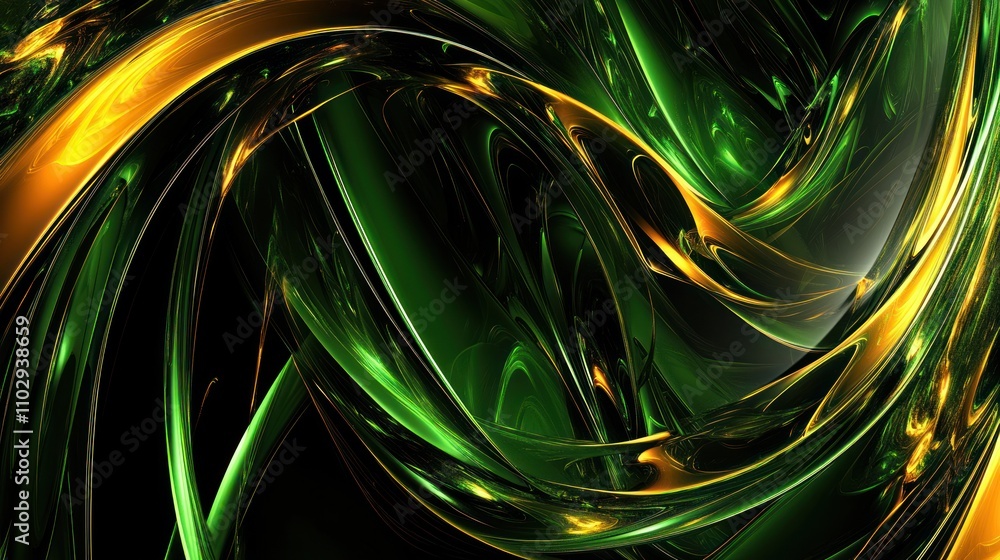 Poster abstract swirling green and gold patterns create a dynamic, vibrant visual effect.