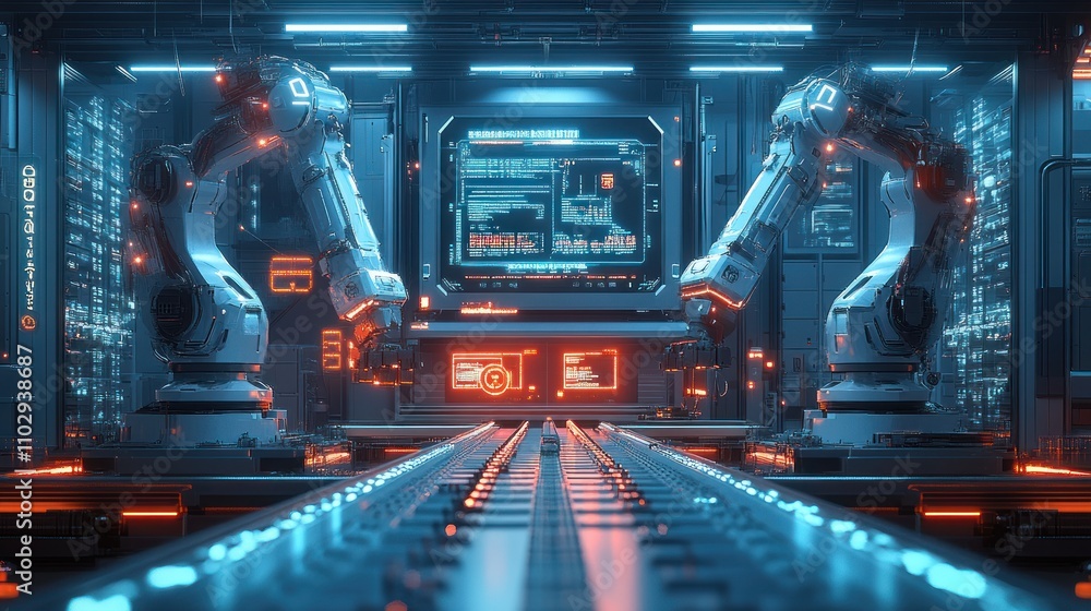 Poster futuristic industrial setting with robotic arms and digital interface for automation.