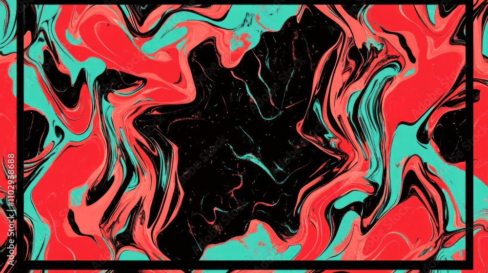 Poster abstract marbled design with swirling red and turquoise patterns on a black background.