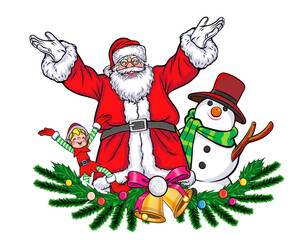 merry christmas santa and snowman reindeer elf in pop art comic style