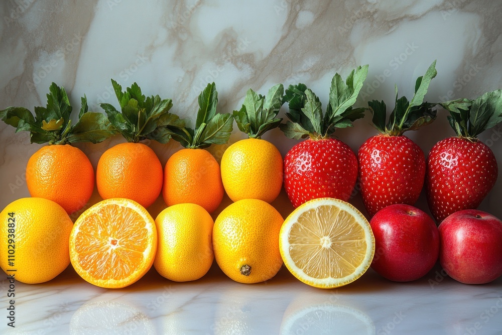 Poster a colorful display of various fruits arranged neatly on a marble surface.