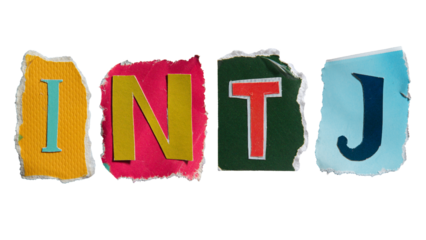INTJ or Architect is a personality type with the Introverted, Intuitive, Thinking, and Judging traits. I, N, T and J alphabets torn from magazine paper. Ransom note style letters.
