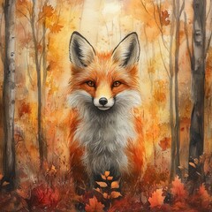 Red Fox in Autumnal Woodland Setting