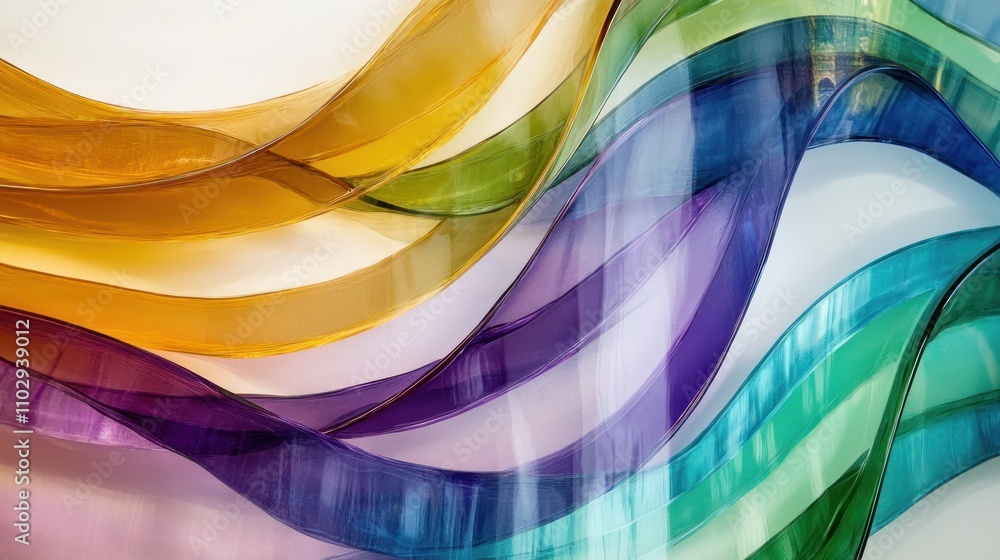 Poster a vibrant display of flowing colored glass ribbons creating a dynamic abstract composition.