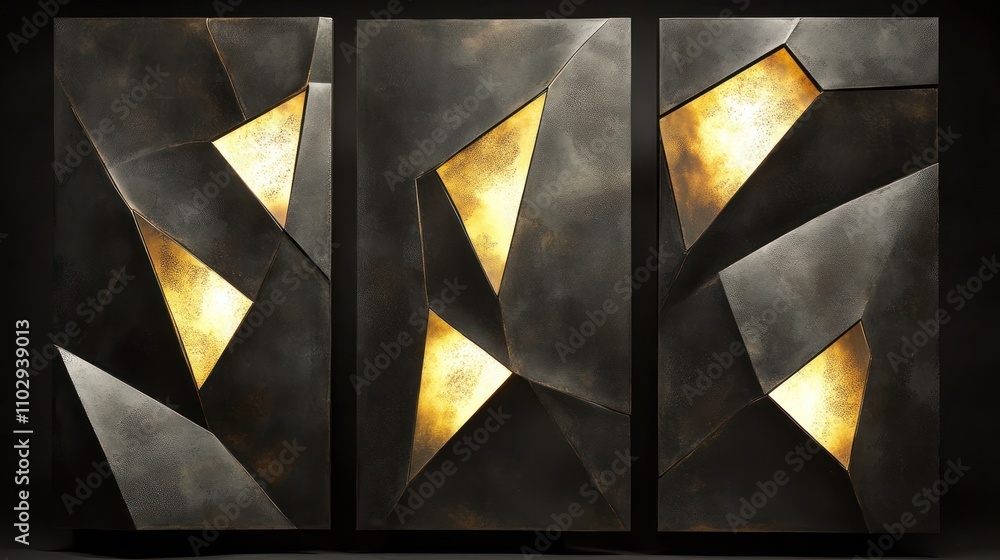 Poster abstract triptych artwork with angular shapes and illuminated sections.