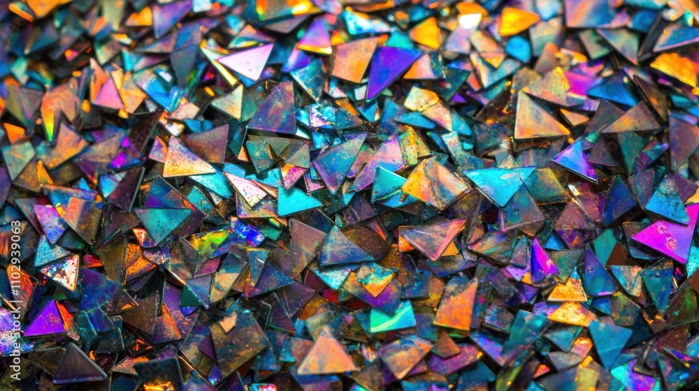 Poster A vibrant collection of iridescent triangular shapes creating a colorful mosaic effect.