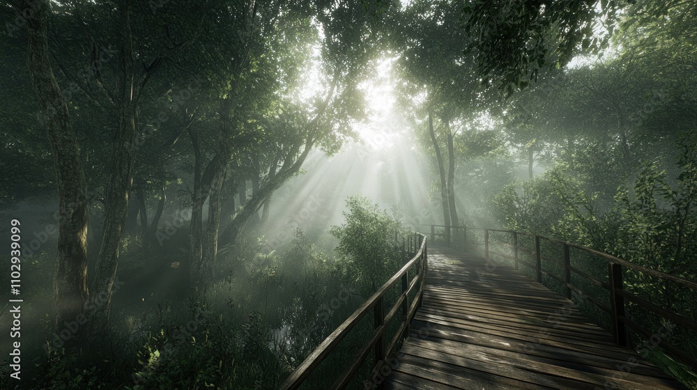 Poster a serene forest pathway illuminated by sunlight filtering through the trees.