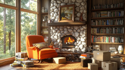 Sunlight streams into a comfy living room with a stone fireplace and orange armchair.  Bookshelves hold books, and there are moving boxes on the floor and coffee table.