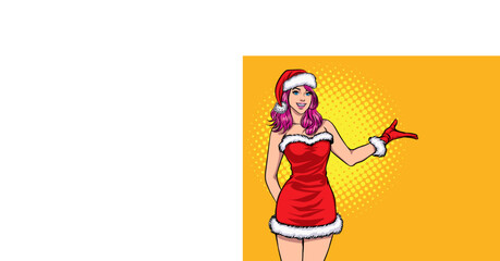merry christmas santa and snowman elf with Christmas girl in red dress in pop art comic style