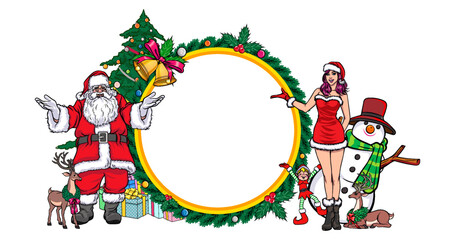 merry christmas santa and snowman elf with Christmas girl in red dress in pop art comic style