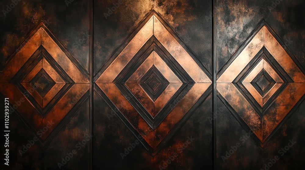 Poster abstract design featuring three diamond shapes with a metallic finish on a textured background.