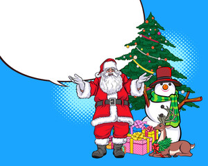 merry christmas santa and snowman reindeer elf in pop art comic style
