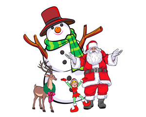 merry christmas santa and snowman reindeer elf in pop art comic style
