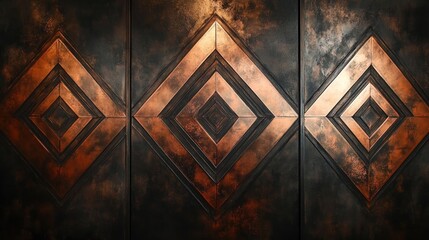 Abstract design featuring three diamond shapes with a metallic finish on a textured background.