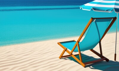 Tranquil beach scene with relaxing lounge chair under striped umbrella