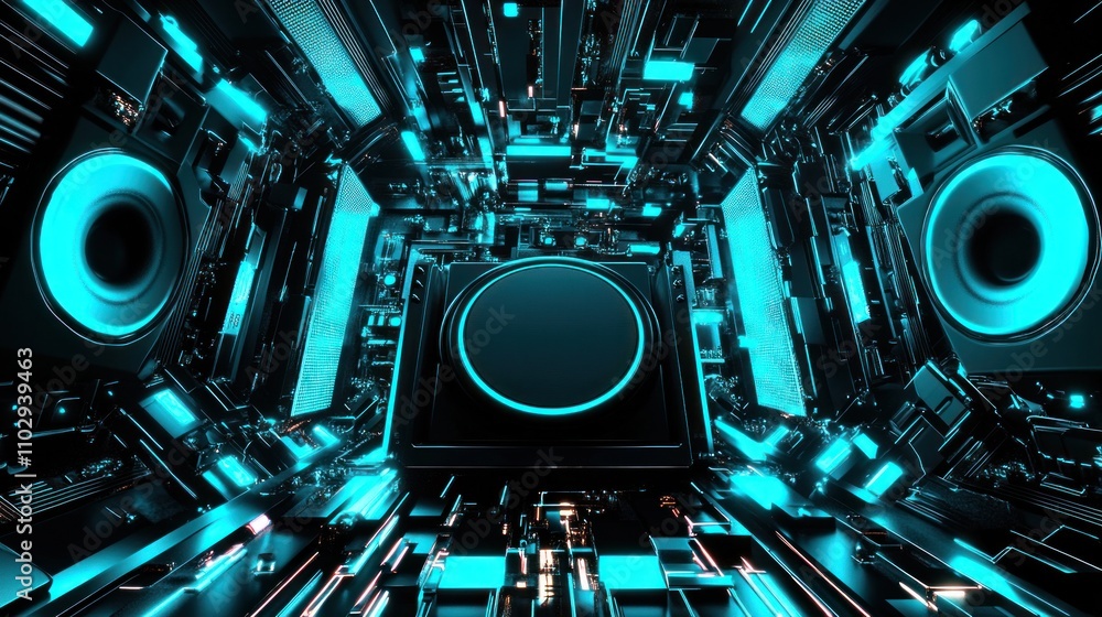 Poster a futuristic audio setup with glowing speakers and a central sound system in a digital environment.