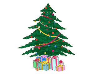 merry christmas santa snowman reindeer elf with Christmas girl in red dress in pop art comic style