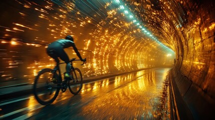A cyclist rides through a glowing tunnel, reflecting vibrant lights on a wet surface.