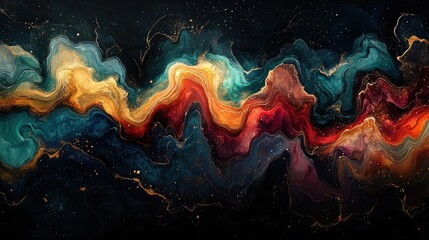 Obraz premium A vibrant abstract artwork featuring swirling colors and textures resembling cosmic waves.
