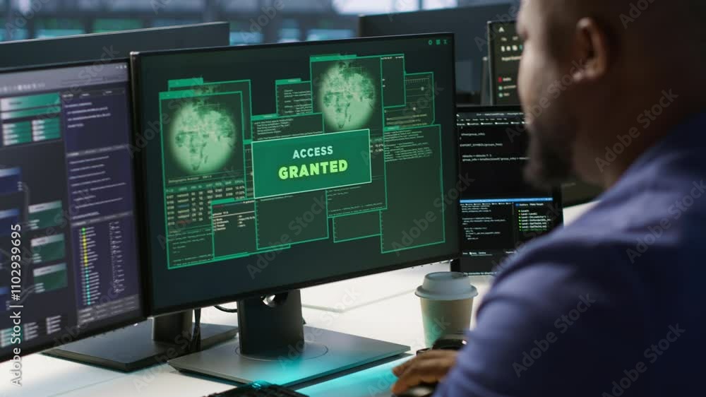 Poster satisfied server hub programmer pleased after installing cybersecurity framework, seeing access gran