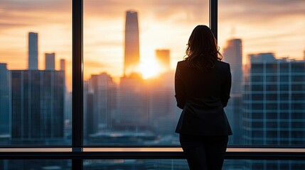 Fototapeta premium Silhouette of a woman in a suit watching sunset through office window.