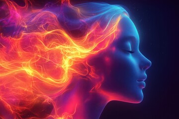 A vibrant digital artwork depicting a woman's profile with flowing flames and ethereal colors.