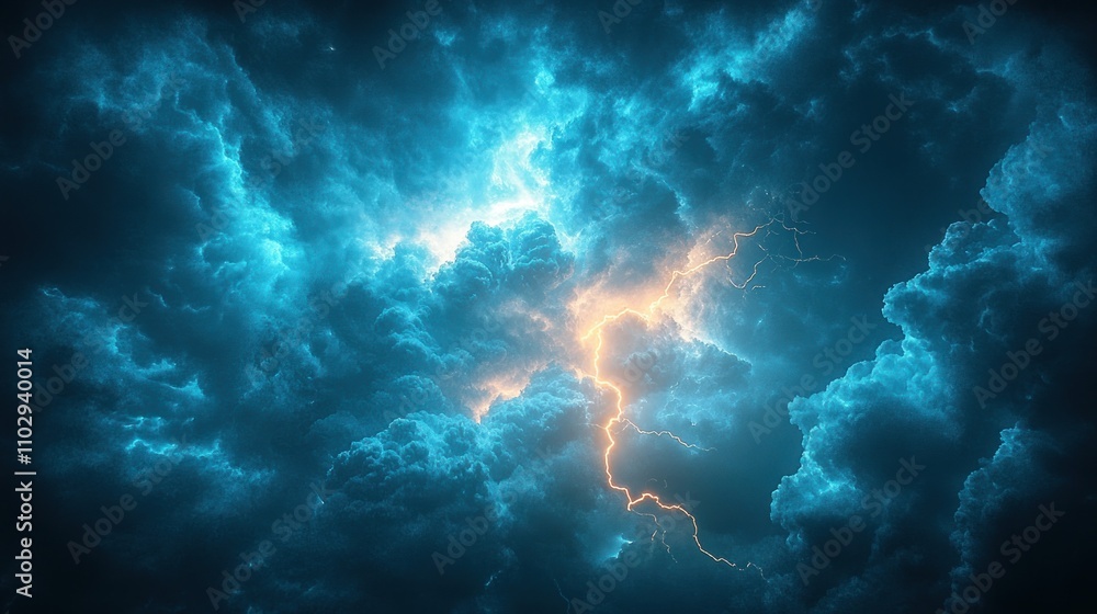 Poster dramatic storm clouds illuminated by flashes of lightning create a vivid atmospheric scene.