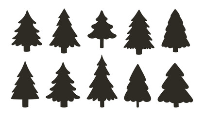 Simple Christmas tree silhouette set on white background. Black and white vector icon collection of pine silhouette