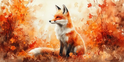 Fototapeta premium Red Fox Sitting Amidst Autumnal Foliage