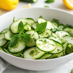 A refreshing cucumber and mint salad, served in a minimalist white bowl, Salad centered