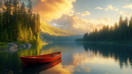 A single fishing boat floating serenely on a calm alpine lake, surrounded by snow-capped mountains and dense evergreen forests, golden hour light adding warmth to the scene, hd quality,