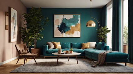 Modern Living Room with Teal Walls and Mid-Century Decor V6