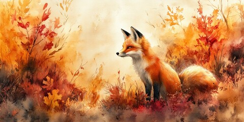 Obraz premium Red Fox Amidst Autumnal Foliage Watercolor Painting