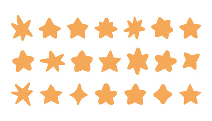 Simple hand drawn star set on a white background. Hand drawn doodle elements. Yellow doodle stars different shapes.