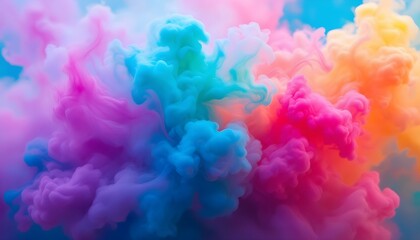 Fototapeta premium Colorful rainbow paint drops from above mixing in water. Ink swirling underwater. Cloud of ink isolated on black background. Colored abstract smoke explosion effect background