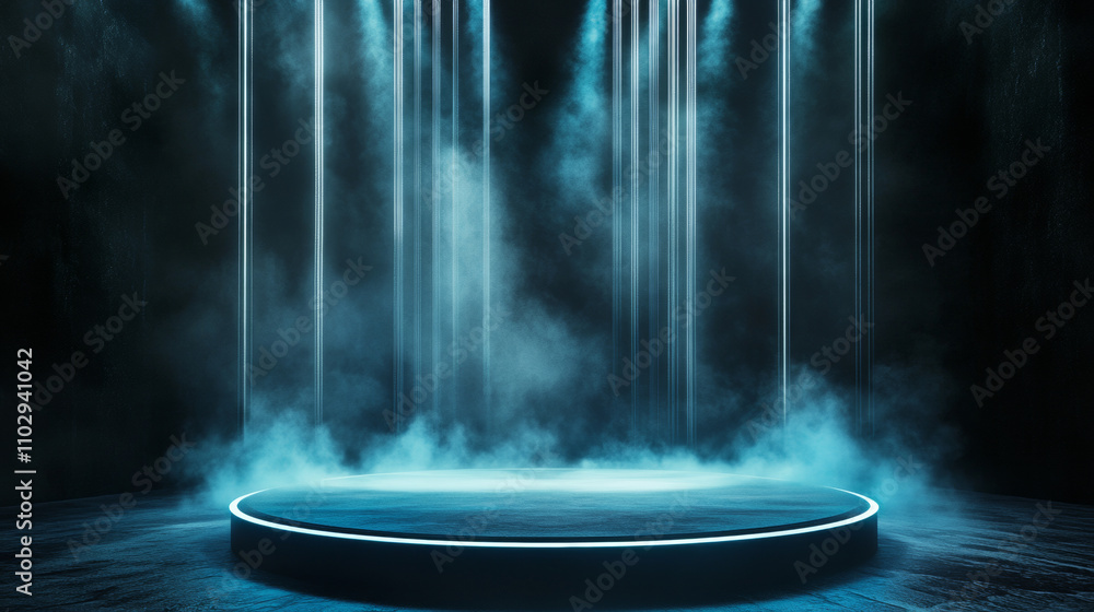 Poster a glowing circular platform sits in a dark, futuristic setting. vertical beams shoot up from the sta
