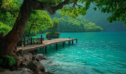 AI generator image of Idyllic scene, a peaceful bay with a small wooden pier jutting out into the...