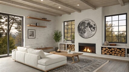 Rustic Living Room with white sectional sofa, Forest Views and Cozy Fireplace V1
