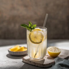 Fototapeta premium A refreshing glass of lemonade with a lemon slice and mint leaves, served in a sleek glass, Lemonade centered