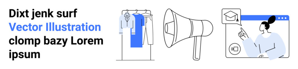 Clothing rack with hanging apparel, megaphone for announcements, individual engaging with an online learning platform. Ideal for marketing, education, fashion promotion, communication, e-commerce