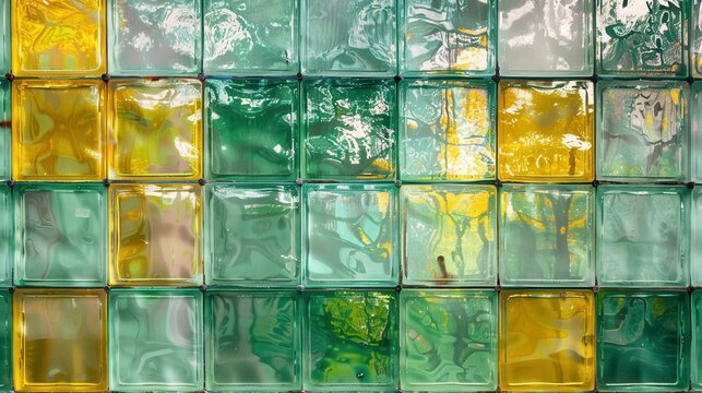 Green and Yellow Glass Block Wall: Architectural Detail and Texture