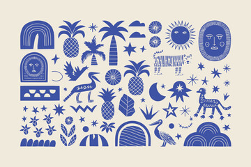 Set of hand-drawn retro tropical summer shape vector illustrations, easily editable
