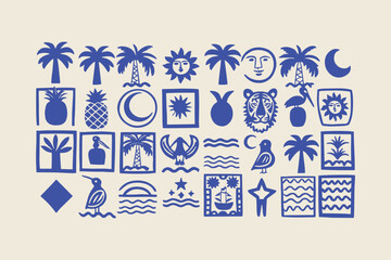 Set of hand-drawn retro tropical summer shape vector illustrations, easily editable