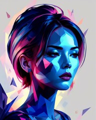 Portrait of a beautiful woman in blue and pink tones. Low poly graphics style. Poster in vertical format.