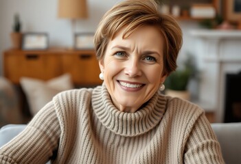 Fototapeta premium Happy Mature Woman Smiling Home Portrait Lifestyle