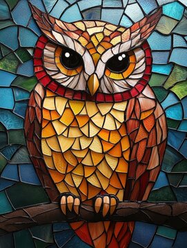 An owl on a glass mosaic stained glass background