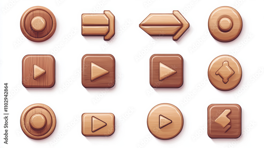 Poster wooden buttons and arrows for a game. these vector illustrations show play, stop, and pause symbols 