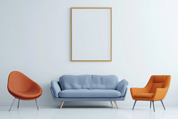 Blue sofa and orange lounge chair against white wall with art frame. Scandinavian interior design of modern living room 